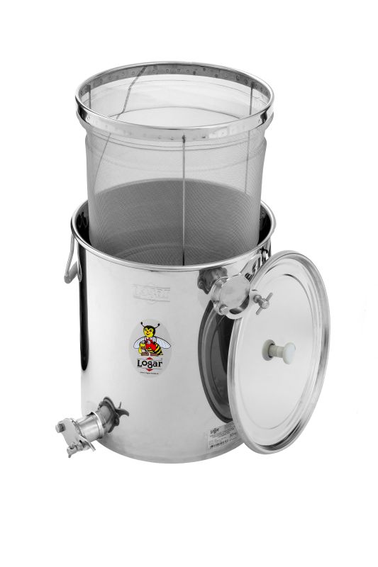 Logar Honey Receiving Straining Can with Fine Sieve, 30 kg, Two Pinch Valves